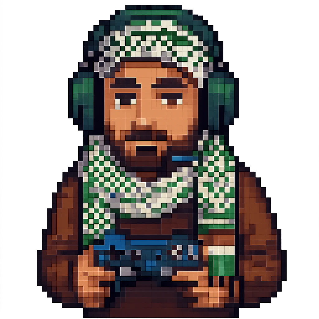 Create a pixel art style image of a man who is a Palestinian gamer wearing a headset and holding a game controller. Include a keffiyeh pattern in the design. The background should be removed, focusing on the character and gaming elements. emoji