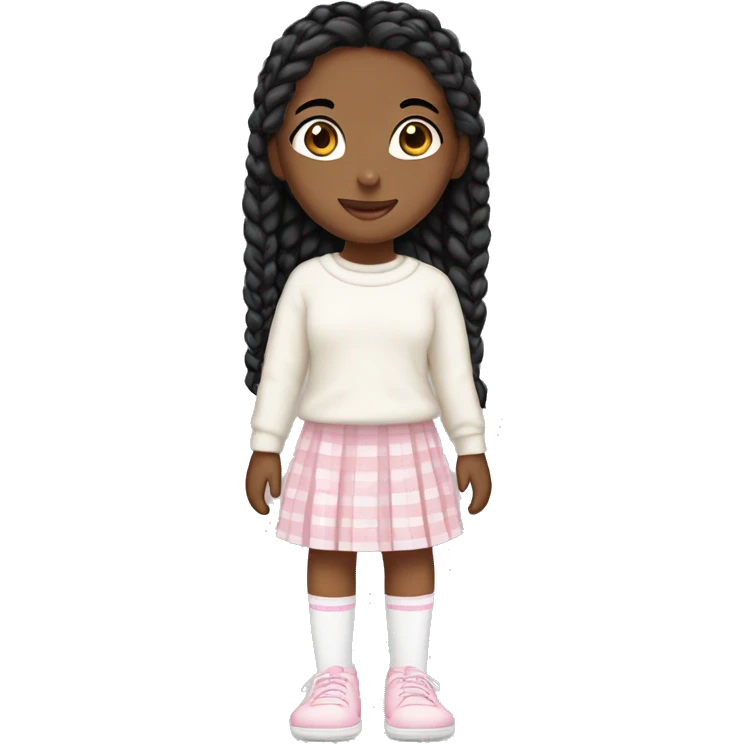 a girl with black braids, brown eyes, white sweater, light pink plaided skirt, white long socks, and cute light pink shoes. emoji