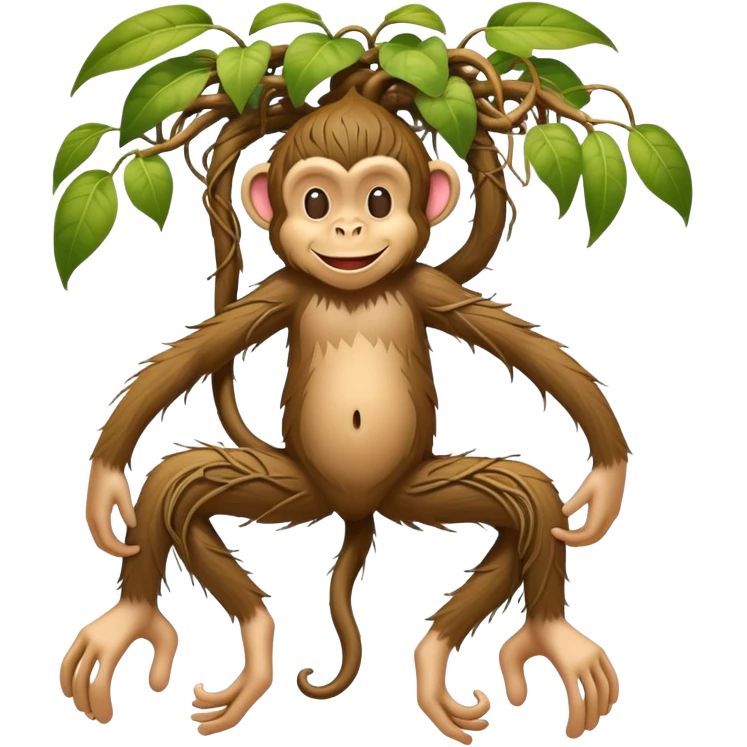 A whimsical character with human feet, tangled plant roots as legs, and a smiling monkey head emoji