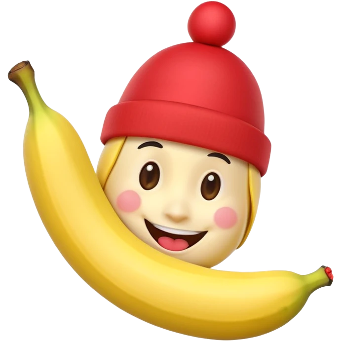 A 3D cartoon peeled banana with a red nose and tiny hat, smiling face, playful pose, Memoji-style. emoji