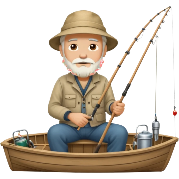 an old white haired, bearded man in fisherman attire, sat in a big boat on the ocean, holding one fishing rod in one hand, with the end of the fishing line touching the water emoji