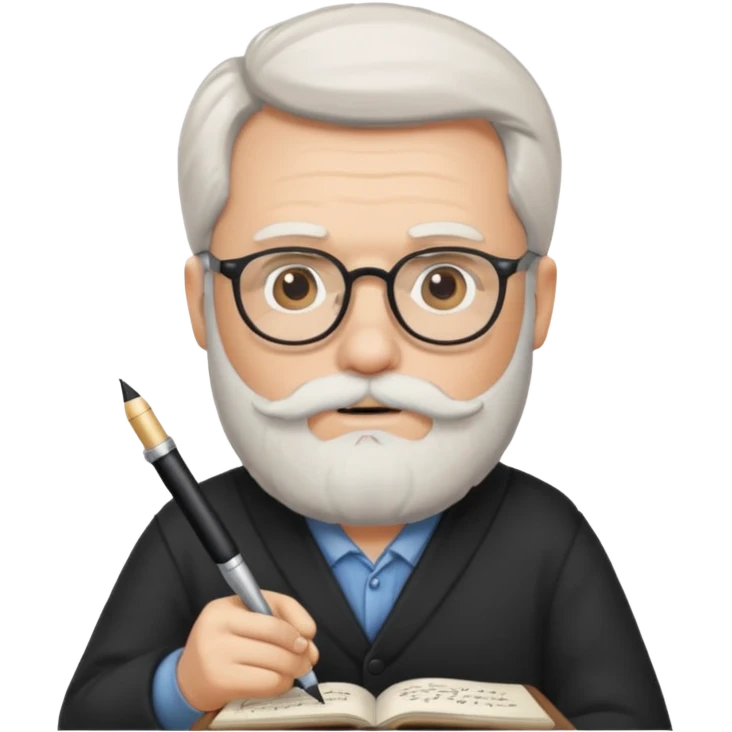 caucasian man with white beard writing in the script, holding a pen emoji