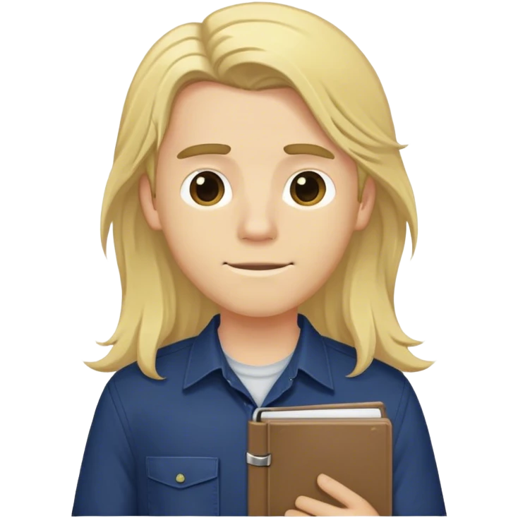 Guy with long blonde hair and navy button up holding a notebook emoji
