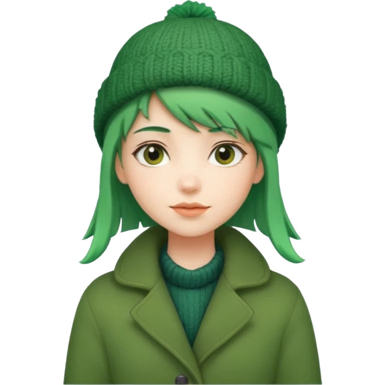 Girl with green hair wearing winter coat and a woolen hat with a relaxed posture and friendly face emoji