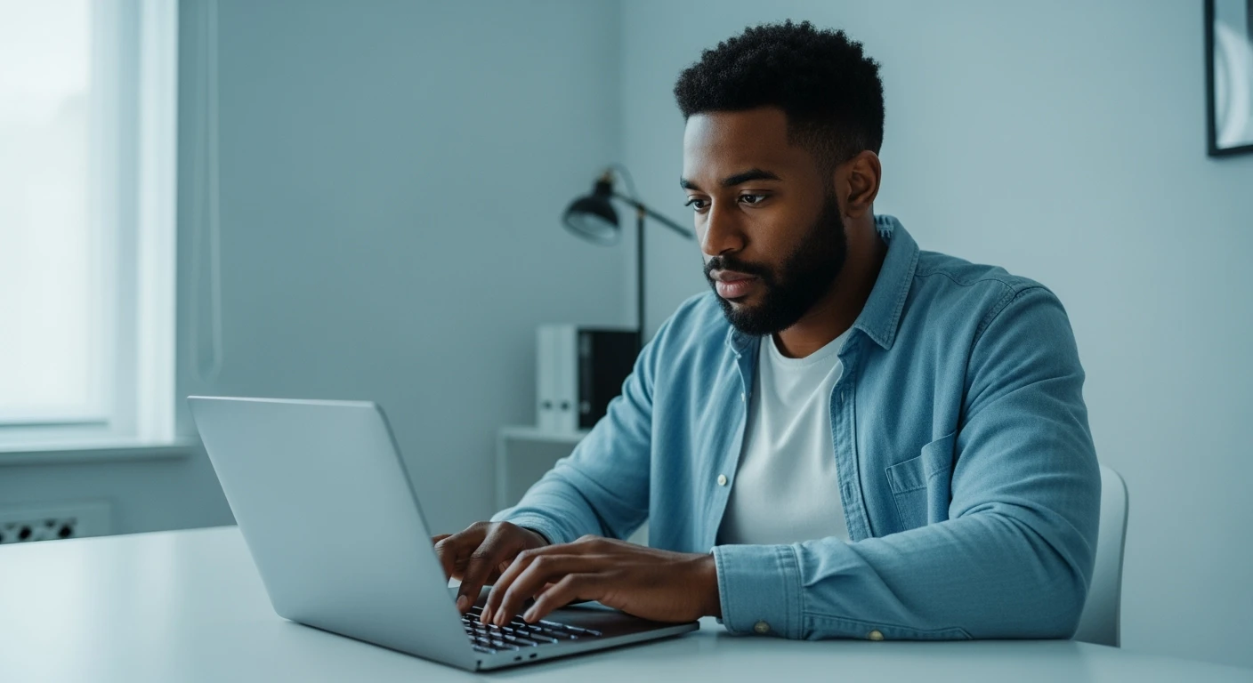 Cinematic still,Man Point of view, Man writing on macbook pro keyboard, minimalistic environment emoji