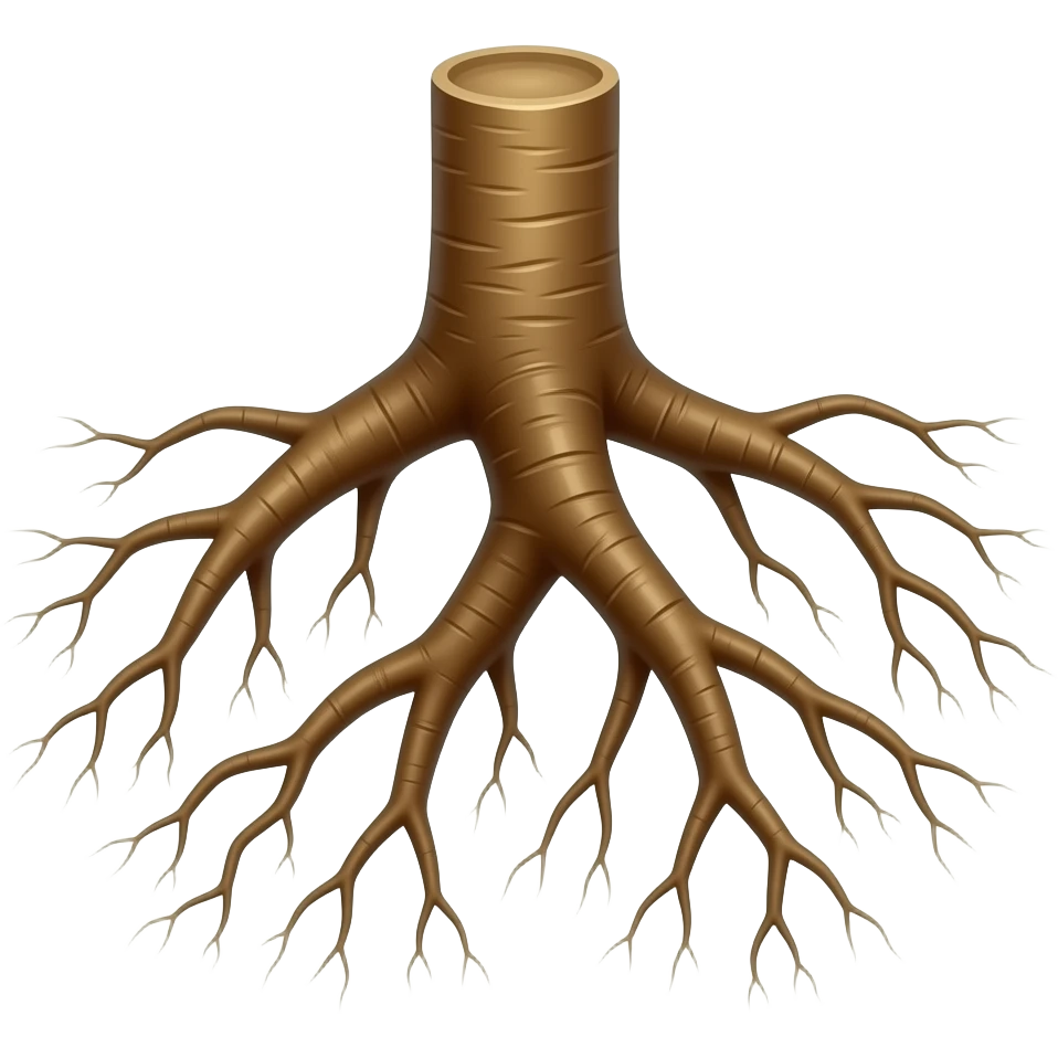 emoji of a simple plant root system, only the roots, no leaves, no stem, brown color, clean white background, high detail emoji