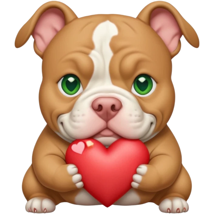 Tan and white American xl bully with green eyes and stocky head cropped ears Holding a heart emoji