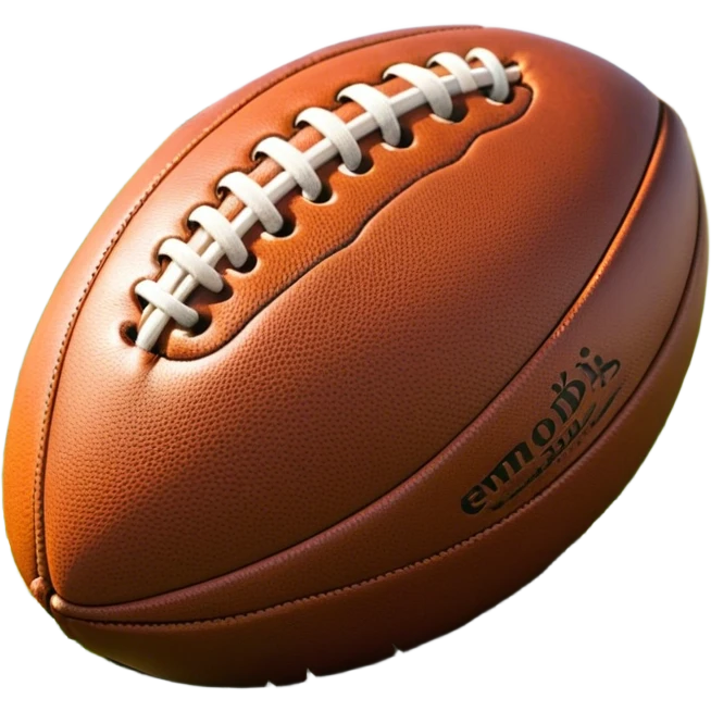 Cinematic Realistic image of a rugged rugby ball with detailed leather textures and precise stitching, rendered against a sunlit field backdrop with dynamic natural lighting that emphasizes its robust character emoji
