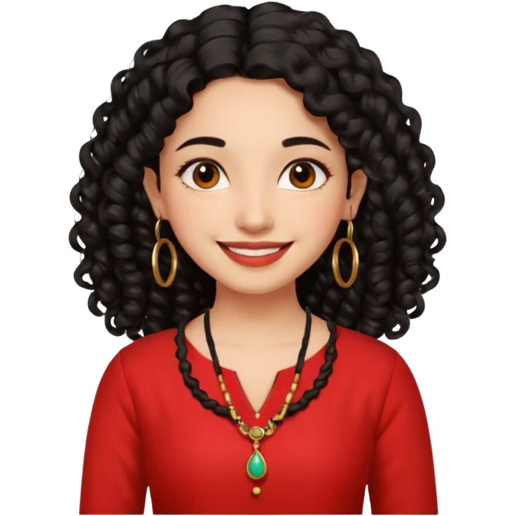 generate a pretty bratz girl with a red kurti, long black curly hair, hoops, emoji