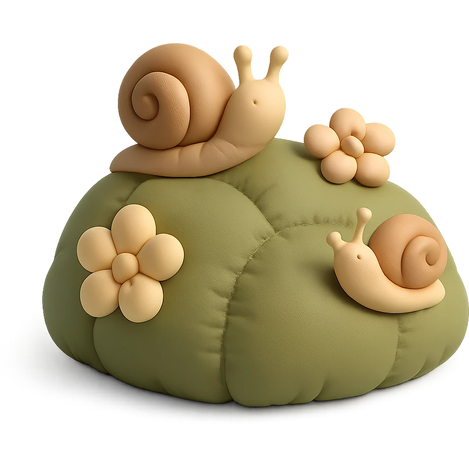 mossy rock with snails and small flowers in earthy pastel colors, cushion style emoji