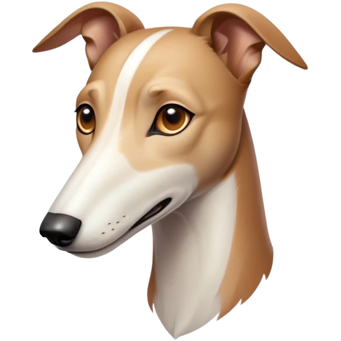 Cinematic Noble White and Brown Greyhound Portrait Emoji, Poised and regal, with a slender, aerodynamic build and a sleek Fur of pristine white accented by warm brown markings, deep-set soulful eyes, Simplified yet sharp and sophisticated features, highly detailed, glowing with a soft, dignified glow, high shine, intelligent and agile, stylized with an air of elegance, focused and attentive, soft glowing outline, capturing the essence of a watchful and swift companion, so majestic it feels as though it could dash out of the screen with effortless authority! emoji