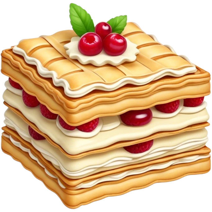 Mille-feuille Cinematic Realistic Mille-Feuille Dessert Emoji, depicted as a delicate pastry composed of two crisp layers of puff pastry with a rich cream filling, rendered with intricate textures and elegant, soft lighting. emoji