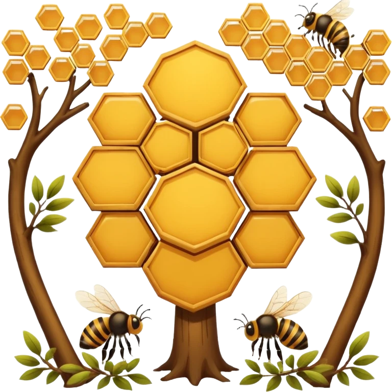 A small hive nestled between tree branches with worker bees. emoji