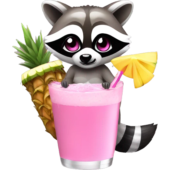A raccoon with long eyelashes, wearing a pink bikini holding a pina colada emoji