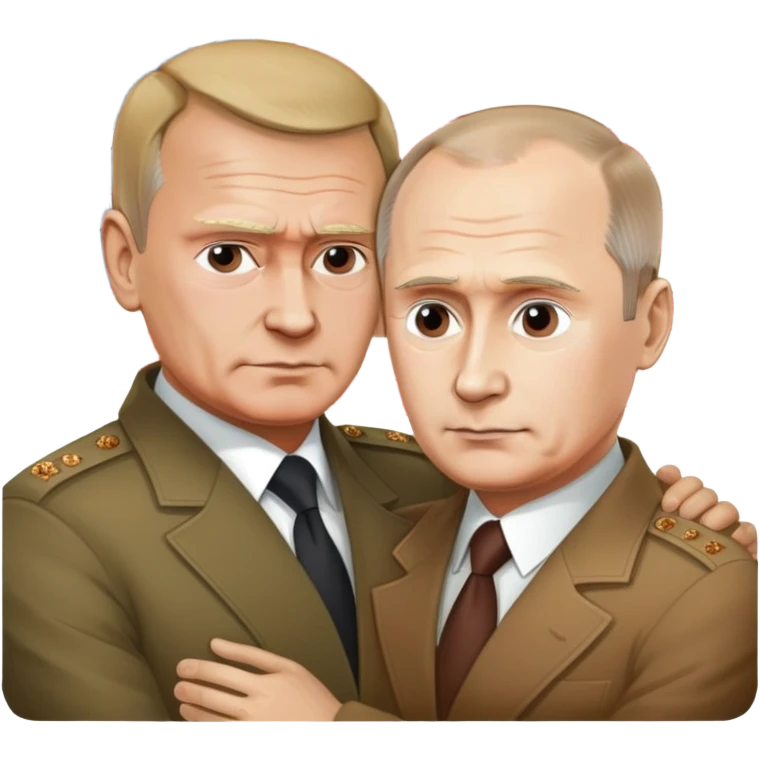 The Russian president and the US president are kissing each other. There is a war going on behind them. emoji