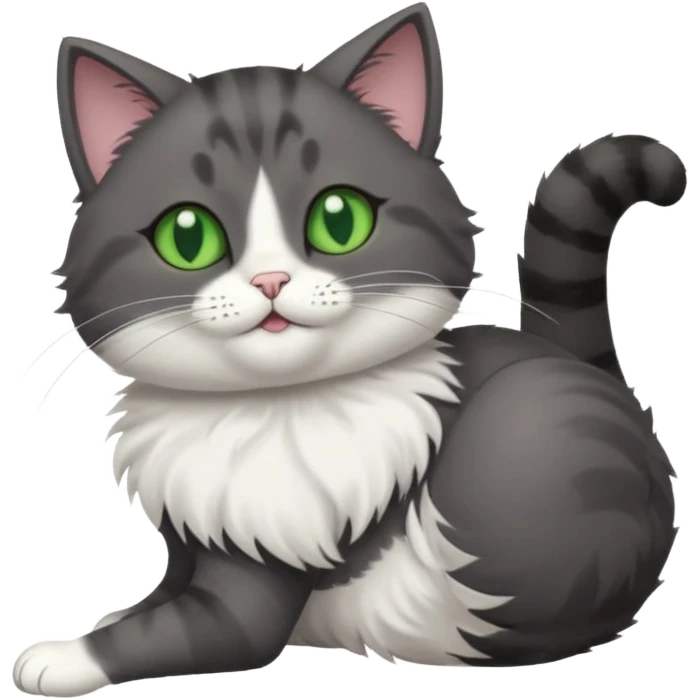 dark grey cat with green eyes, white toes/paws and white patch on her chest playfully rolling upside down emoji