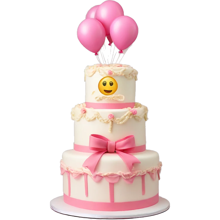 3 tier cake with bows and vintage frosting design  with pink balloons  emoji