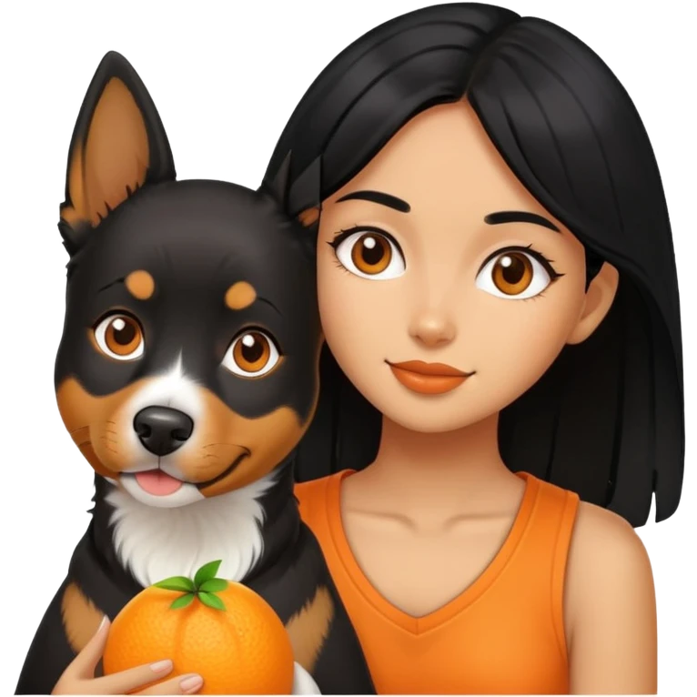 Black hair girl with dog and orange emoji