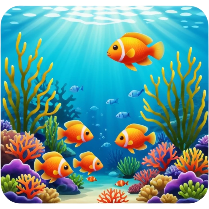 underwater seascape image capturing the beauty of the ocean depths. Include coral reefs, exotic fish, and aquatic plants, with sunlight filtering through the water to create dramatic lighting and a play of colors emoji