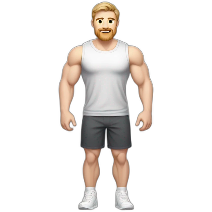 Full height Pale skinned fit man With biceps, Realistic eyes and mouth, light brown hair and stubble In dark gray sleeveless mike, black oversize sports shorts, watch and white sneakers. emoji