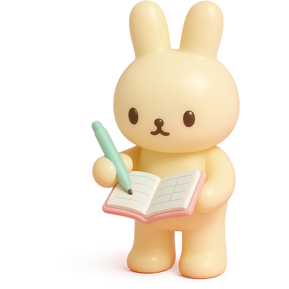 cream bunny writing in planner, standing, vinyl figure style emoji