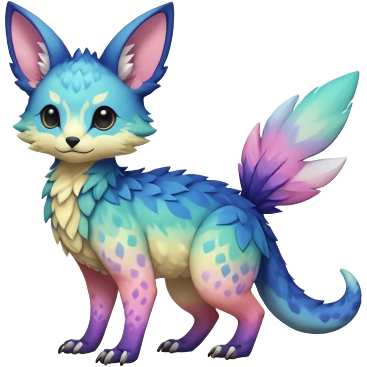 Feral Rare realistic edgy pretty beautiful handsome gorgeous pastel-gradient aesthetic colorful vibrant Vernid-Trico-species-Fakemon-creature by LiLaiRa, random markings, tufted ears, full body emoji