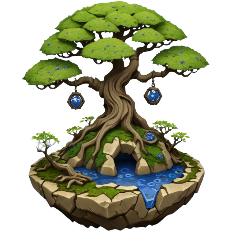 Alien spacecraft hanging-vines mountain-island landscape mudman very old broken cracked intricate Stone Age rocky-crusted irregular dodecagon-shaped shallow dark moss rough bark blue willow flowered maple tree bonsai pot emoji