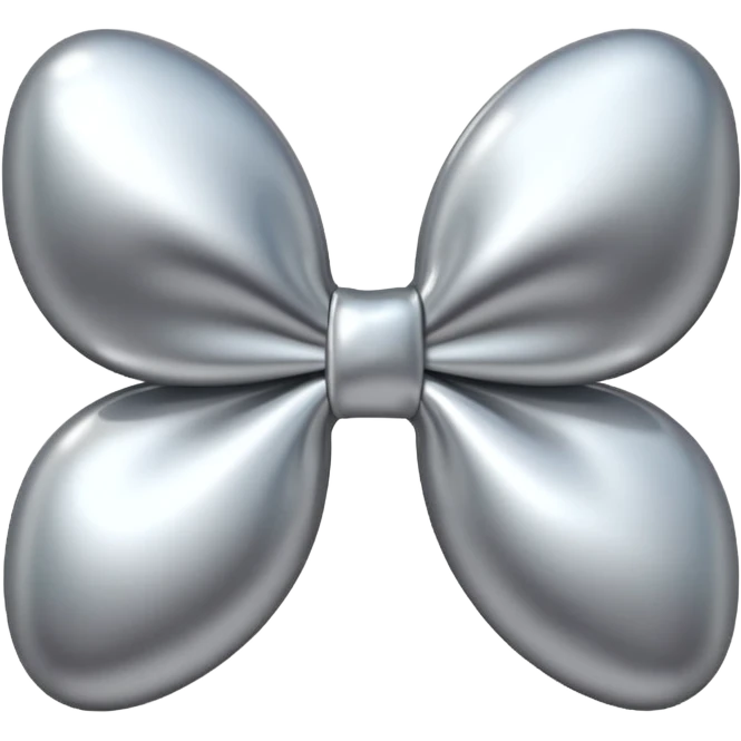 A cute bow emoji made of polished silver chrome, smooth rounded loops, glossy metallic surface, soft mirror reflections, subtle highlights, minimal and adorable proportions, iOS emoji style, centered composition, clean white background, soft studio lighting, no text, no outline, ultra high quality emoji