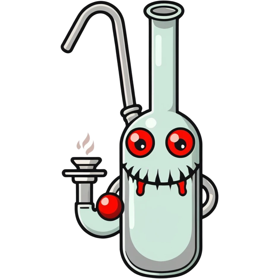 cartoon bong with bloodshot red eyes, smoke coming out from the top, slightly stoned and relaxed with a faint smile, simple or transparent background emoji