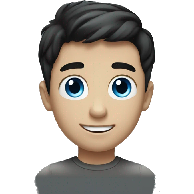 A young Caucasian boy with short black hair and blue eyes waving his hand against a black background emoji