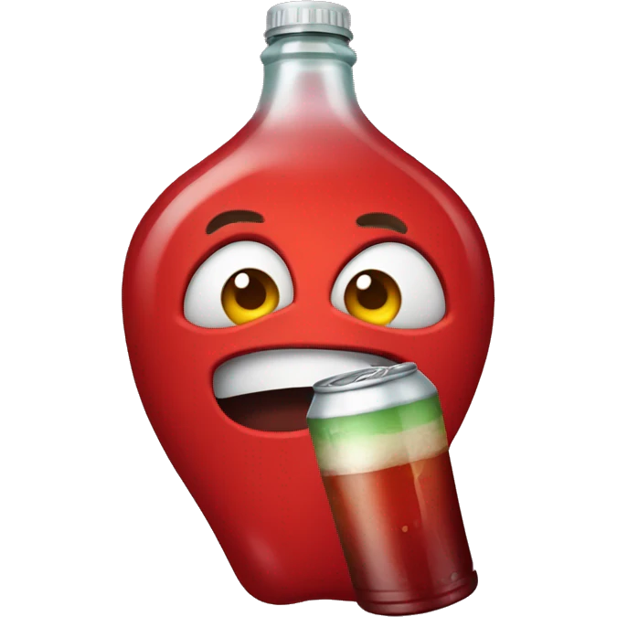 A red hearth emoji with eyes, a mouth, and hands, looking tipsy, holding a drink bottle, with a playful, drunken expression emoji