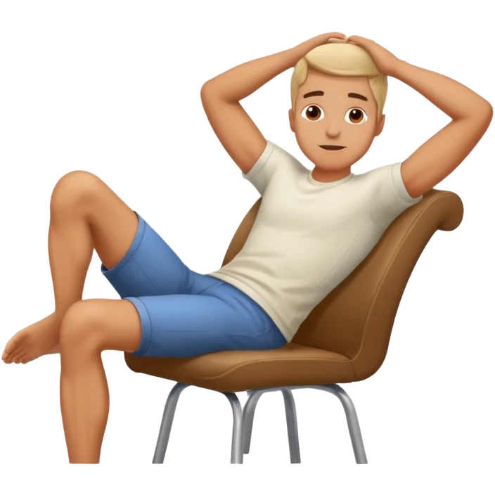 man sitting relaxed on chair with legs on desk and hands behind head emoji