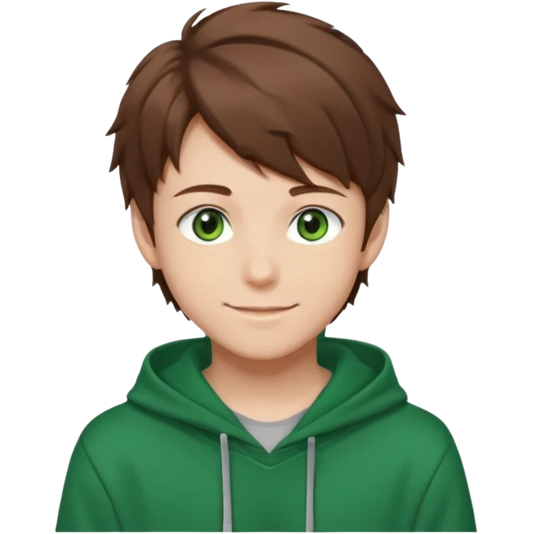 the face of an Anime teen boy with brown hair, green eyes, looking smiling slightly sideways positioned. Face must be main filling of the emoji. A little piece of hoodie can be visible. 128px emoji