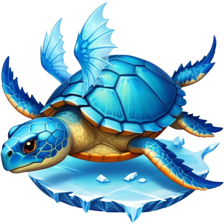Create a majestic aquatic ice drake with a protective turtle shell, combining the first creature's friendly demeanor and defensive capabilities with the second creature's draconic elegance and elemental power, resulting in a creature that glides through frozen waters with glowing blue spines and gentle orange-gold wings. emoji