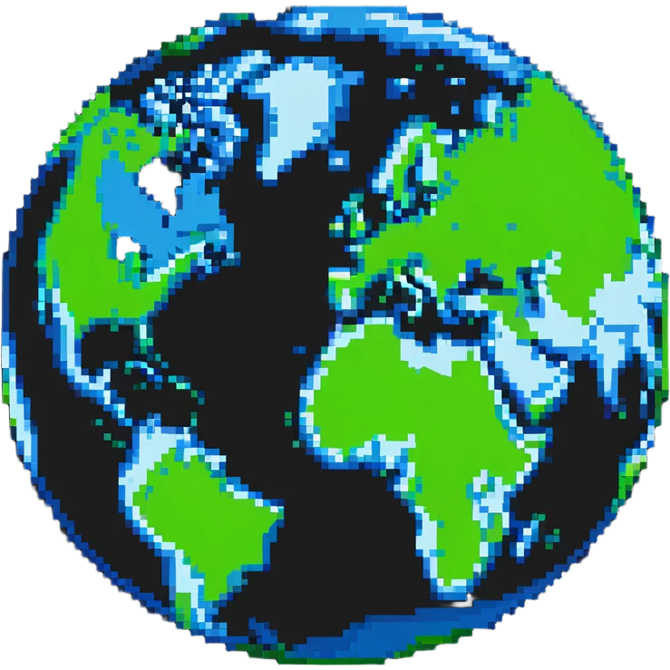 A pixelated world globe showing blue oceans and green continents emoji