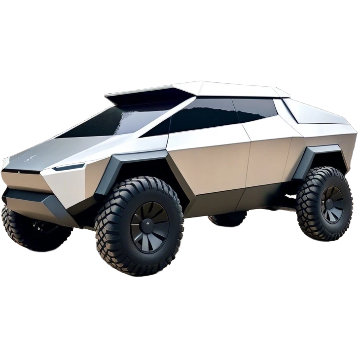 Tesla Cybertruck - A futuristic Tesla Cybertruck, angular and geometric with a sharp, triangular body shape. Stainless steel exoskeleton with a raw, unpainted, brushed-metal finish. A sleek, narrow LED light bar stretches across the entire front. Large, rugged off-road tires with exposed wheel arches. Smooth, handle-free doors and a slanted, armored rear with a retractable tonneau cover. Rear LED strip mirroring the front. The vehicle looks like a sci-fi-inspired, bulletproof stealth tank on wheels, set in a high-tech urban environment at sunset, with reflections on its metallic surface. emoji
