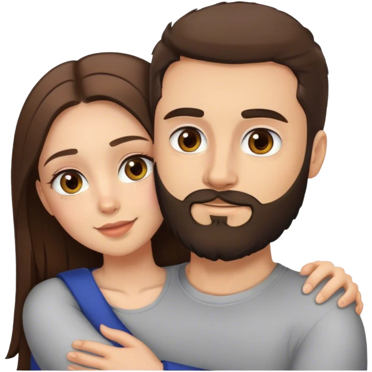 Emoji style couple hugging: a brunette girl with hazel eyes and brunette man with a beard and grey eyes emoji