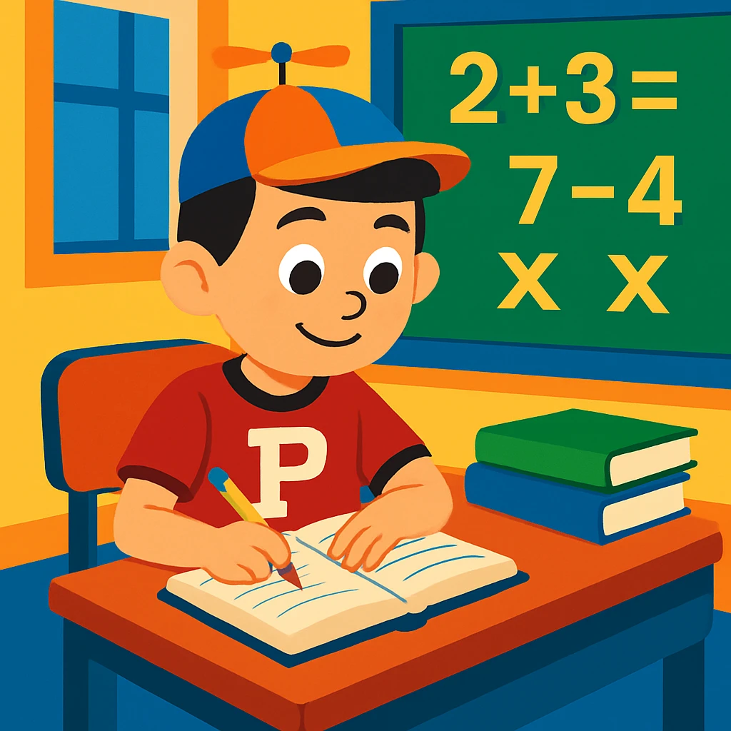 Change Little Johnny's hair to dark brown or black, keeping the rest of the scene the same: boy with a propellor hat and Philadelphia sports shirt, sitting at a desk in a math classroom, focused and organized, cartoon style. emoji