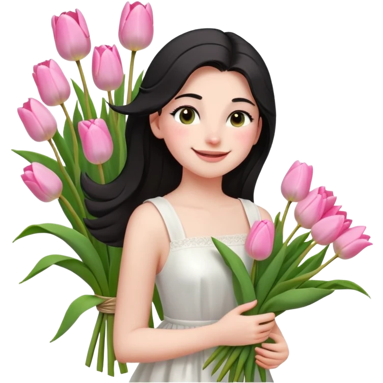  A girl Squint your eyes and smile with a black half-up half-down hairstyle, and a white dress, enjoying the spring breeze.Holding a bundle of pink tulips emoji
