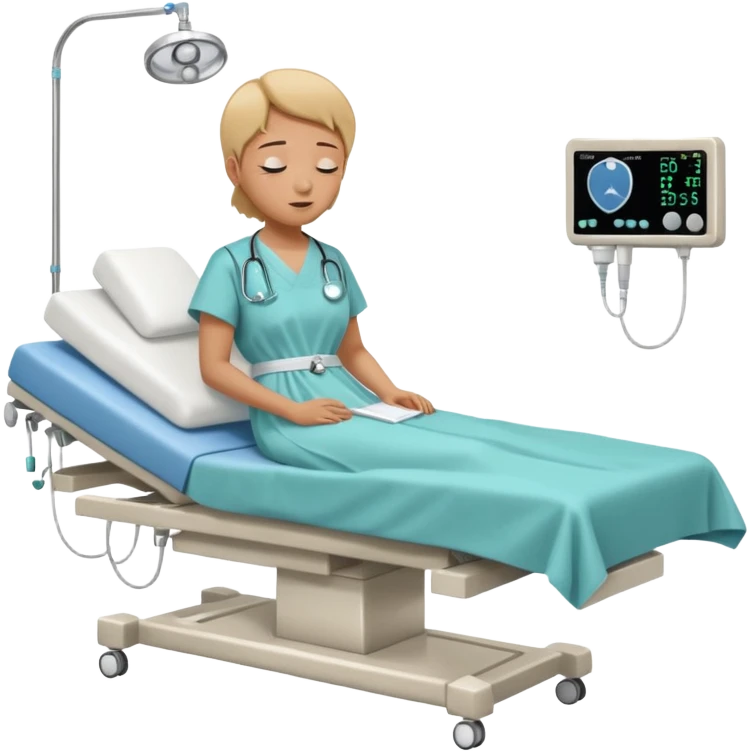A patient lying on a medical examination bed with eyes closed, seen in a wider, full-body view, preparing to undergo a colonoscopy procedure in a clean hospital environment. emoji