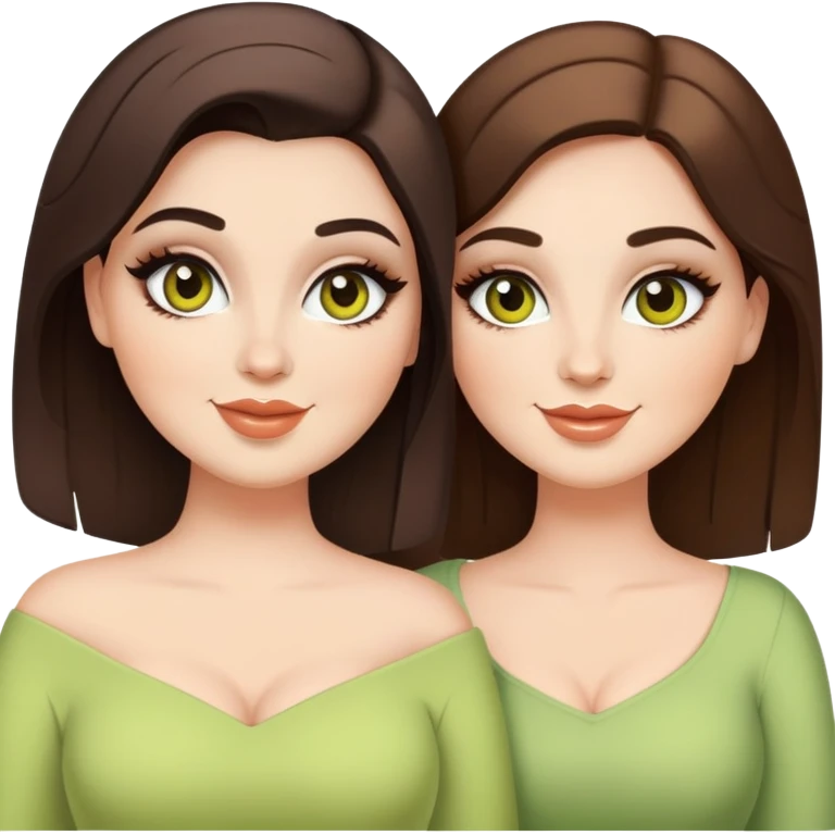 Happy curvy sisters, brunettes, chartreuse eyes, makeup, stylish emoji