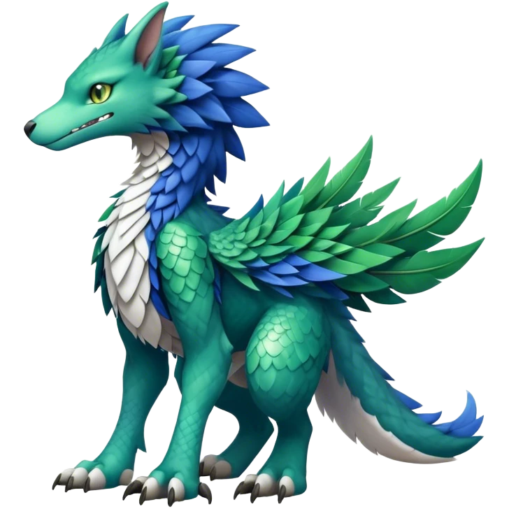 Cute cool fantasy animal hybrid Sergal-Digimon-Fakemon full body, green scales, brown eyes, blue feathers emoji