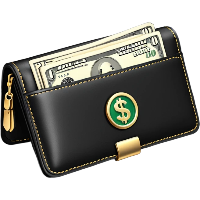 Rich emoji style black leather wallet with dollar bills, luxury money vibe, premium 3D emoji, ultra clean, high detail, no background emoji