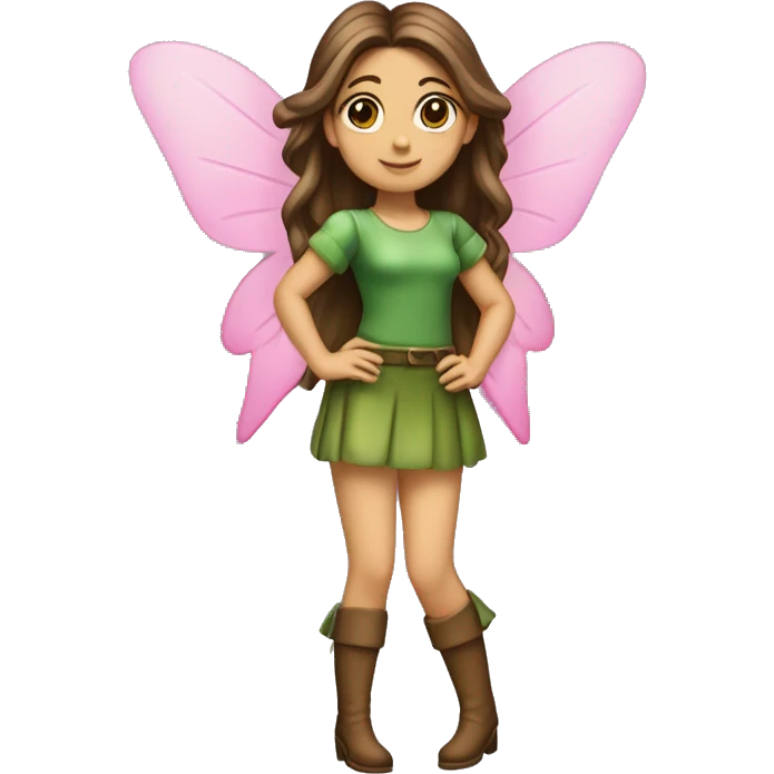 A full body of a fairy with green top and mini skirt she have a good shape of body and a long brown hair, with pink flower stuck in her earring, she have the most beautiful face, and she is flying, she have green high boots heels  emoji