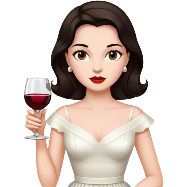 Beautiful woman in 1950’s woman fashion look, white dress, long dark brown hair, wine, emoji