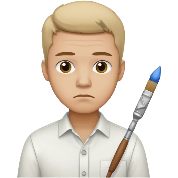 a man in a white buttoned holding a brush with a sad expression emoji