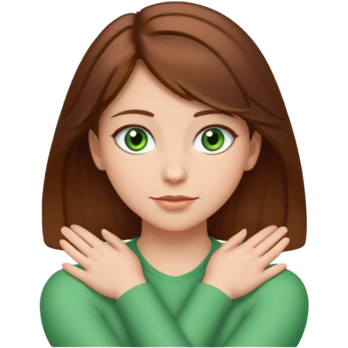 girl with brown hair and white with green eyes and arms across her neck emoji