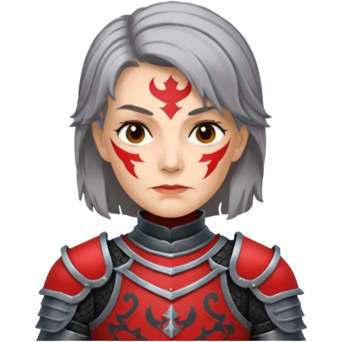 Elderly Tattooed Knights female, with medium hair, red and black armour emoji