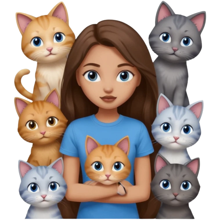 a pretty bratz dusky light skin girl with long brown hair, blue eyes with six cats nd wearing a grey tshirt emoji