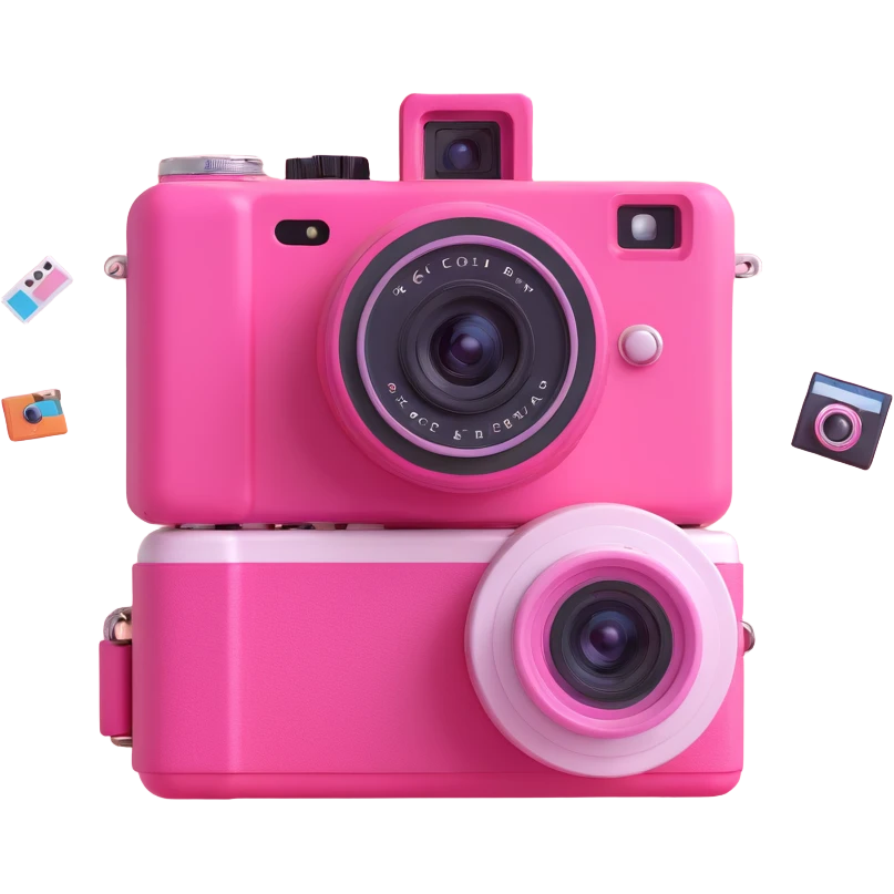 a pink camera with photos floating around it emoji